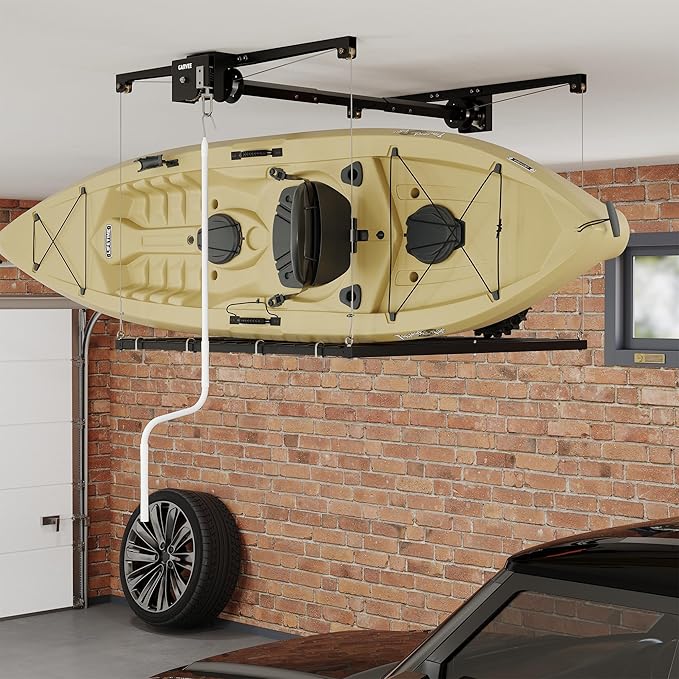 Overhead Garage Storage Rack Lift, 4x4 ft Ceiling Mounted Storage Racks, 79" Max Adjustable Height, 350lbs Weight Capacity, Heavy-Duty Metal Ceiling Rack for Organization