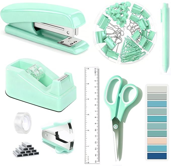 Green Office Supplies, Teal Desk Accessories Accessories with Tape Dispenser, Stapler, Staple Remover, 1000 Staples, Tape, Clips Set, Ruler, Scissor, Pen