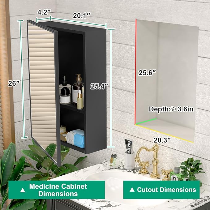 20 x 26 Farmhouse Medicine Cabinet for Bathroom, Black Bathroom Mirror with Storage, Tempered Glass, Frameless Recessed or Wall Mount Aluminum Medicine Cabinet - Pre-Assembled