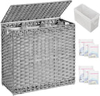 Laundry Hamper with Lid Laundry Basket 132 L (35 Gal) Wicker Clothes Hamper, Handwoven Rattan Hamper with Handles and 4 Removable Liner Bags, 6 Mesh Bags for Laundry Bedroom Gray