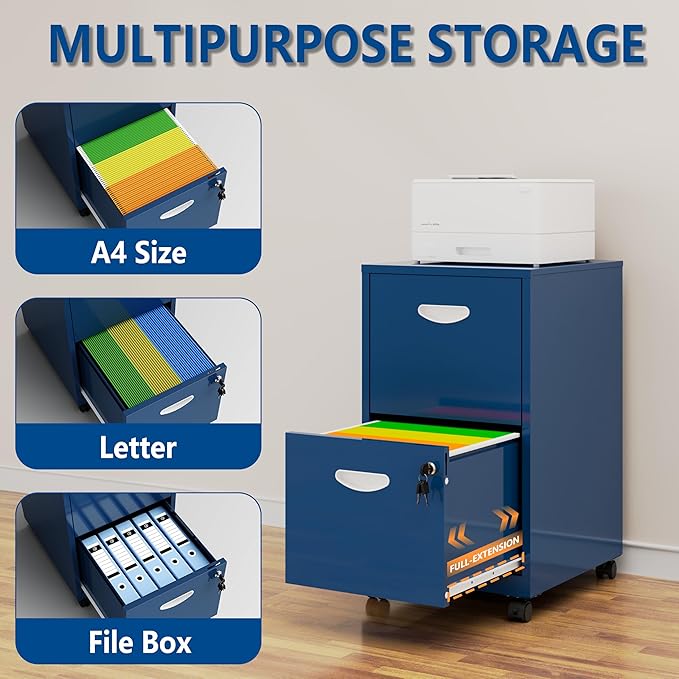 2 Drawer File Cabinet with Lock, Small Rolling Filing Cabinet for Home Office, Metal Mobile File Cabinets on Wheels, Blue Office Cabinets for Letter Size Folders - Assembly Required