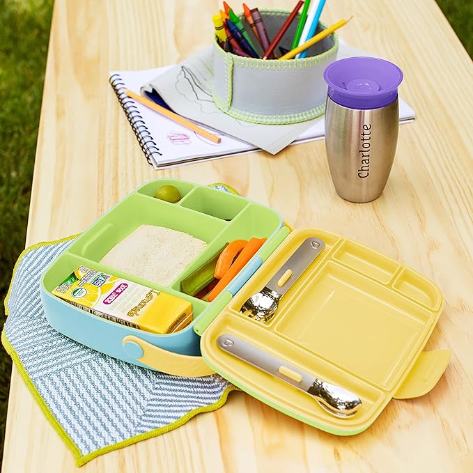 Munchkin Lunch Bento Box for Kids and Toddlers, Includes Stainless Steel Utensils, BPA-Free, 18 Months and Up, Blue/Green/Yellow