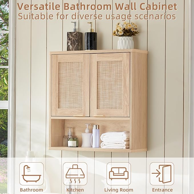 LEYAOYAO Rattan Bathroom Wall Cabinet, Boho Medicine Cabinet with Adjustable Shelf & Doors, Over The Toilet Storage Cabinets Organizer for Laundry Room, Kitchen, Living Room, Natural