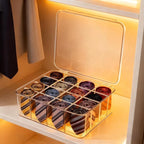 Sock Underwear Organizer, 16 Compartment Adjustable Dividers Tie Bras Socks Underwear Drawer Organizers for Closet, Clear Plastic Storage Containers Box with Lids for Bra Ties Scarf Socks