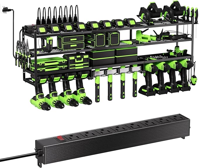 Power Tool Organizer Wall Mount with Charging Station – 12 Drill Holder Rack with 8-Outlet Power Strip, Heavy Duty Garage Battery Charging Station, Tool Storage Rack for DeWalt, Milwaukee