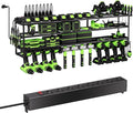 Power Tool Organizer Wall Mount with Charging Station – 12 Drill Holder Rack with 8-Outlet Power Strip, Heavy Duty Garage Battery Charging Station, Tool Storage Rack for DeWalt, Milwaukee