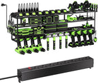 Power Tool Organizer Wall Mount with Charging Station – 12 Drill Holder Rack with 8-Outlet Power Strip, Heavy Duty Garage Battery Charging Station, Tool Storage Rack for DeWalt, Milwaukee