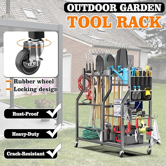 36" Large Garden Tool Organizer with Wheels & Side Tool Bag, 3 Tier Rolling Garage Storage Rack for Long Handled Rakes, Shovels, Brooms, Freestanding Yard Tools Cart for Shed & Outdoors