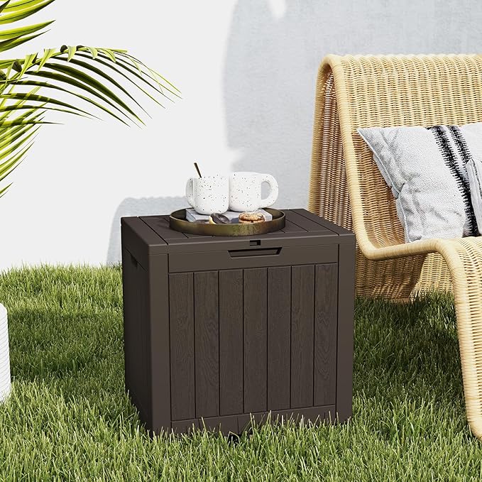 DUMOS 31 Gallon Deck Box, Lockable Outside Storage Box for Outdoor Use, Outside Waterproof Resin Package Delivery Box for Backyard Patio Garden, Modern Brown