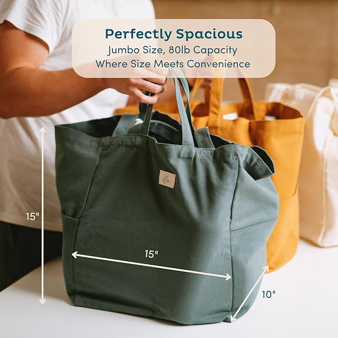 Nook Theory 3-Pack Reusable Grocery Bags - Heavy Duty, Large 12 Oz Cotton Canvas Reusable Shopping Bags With Pockets, 100% Cotton Cloth Grocery Totes, Foldable Multi Compartment (Cream)