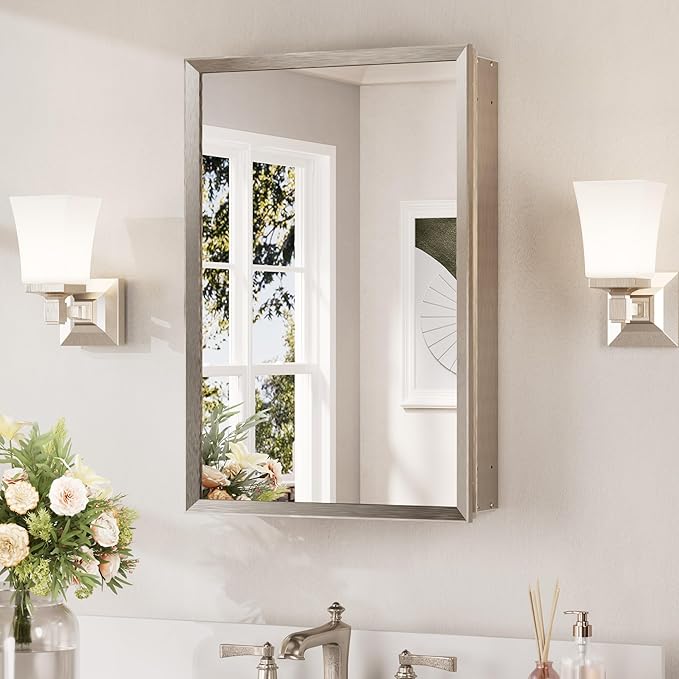 Keonjinn Medicine Cabinet Mirror 16" x 24", Assembly Required, Brushed Nickel Medicine Cabinet with Mirror for Bathroom, Beveled Framed, Wall-Mounted or Recessed, Stepless Adjustable Shelves