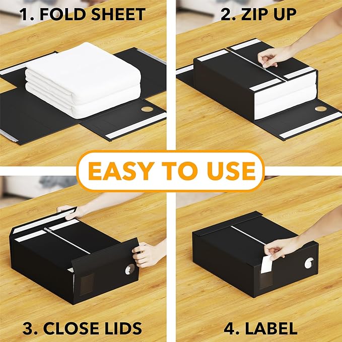 SpaceAid 6 Pack Bed Sheet Organizers and Storage, Foldable Sheet Organizer for Linen Closet, Sheets Set Folder Keeper with Window XL (Queen & King Size) Bedding Container, (Black, 6 Pack)