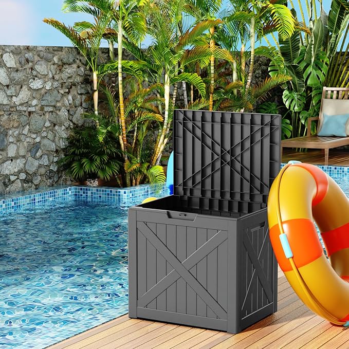Vixzen 32 Gallon Waterproof Resin Deck Box, UV Resistant Outdoor Storage for Garden, Patio, Porch, Delivery（Black，32 Gallon）