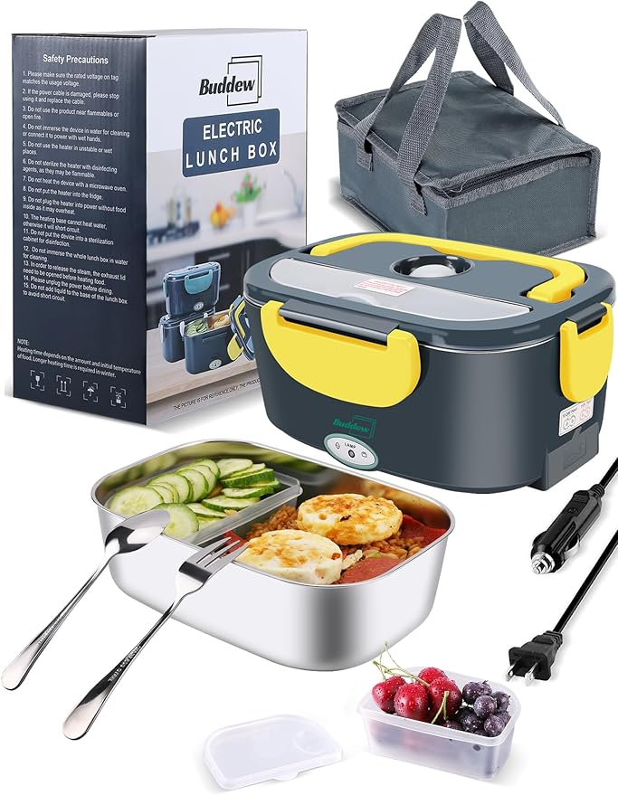 Buddew Electric Lunch Box 80W Food Heater for Adults, 12/24/110V Portable Lunch Warmer Upgraded Heated Lunch Box for Car/Truck/Office with SS Fork&Spoon and Insulated Carry Bag(Yellow)