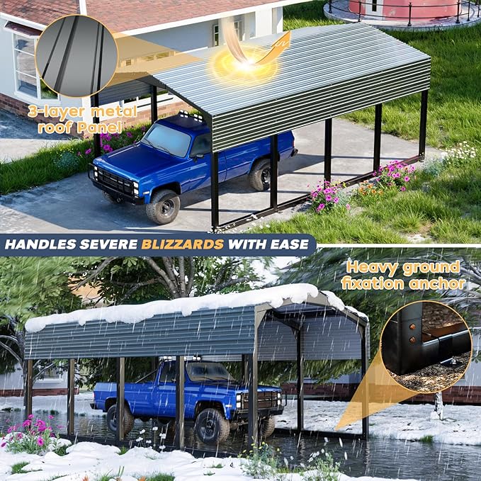 Metal Carport 12x20ft Heavy-Duty | Military-Grade Reinforced Garage Kits with Steel Roof & Hurricane | 100lbs/Sq.Ft Snow/RV/Camper/Truck/Tractor Shelter