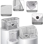17 in1 Silvery Desk Organizers and Accessories Set, 3 Office Desk Supplies Storage Organization, 4 Pens, Stapler, Staples & Remover, Tape & Dispenser, Scissors, Ruler, Clips, Hole Punch Back to School