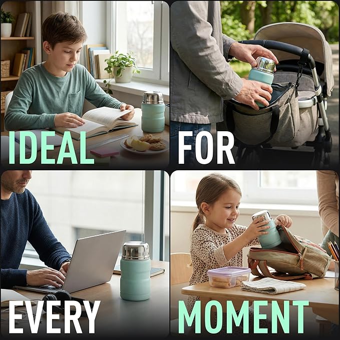 Earth&ME 17 OZ Soup Thermo for Hot & Cold Food for Kids, Vacuum Insulated Steel Lunch Container, Kids Wide Mouth Bento Thermal Food Jar, Warm Food Lunchbox Thermo Bowls with Spoon (Mint)