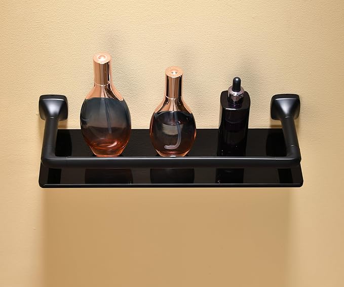 16-Inch Bathroom Glass Shelf - Matte Black Wall-Mounted Organizer - Thickened 8mm Black Tempered Glass with Safety Railing