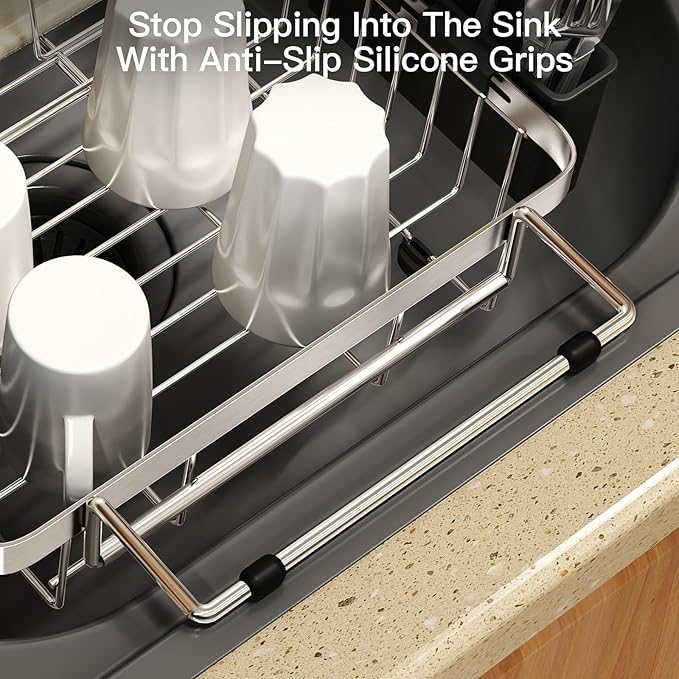 MAJALiS Over The Sink Dish Drying Rack for Small Kitchen Counter Space Saving, Expandable Stainless Steel Compact RV Plate Drain Strainer in Silver Wire Metal with Hanging Adjustable Utensil Holder