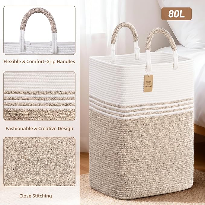 Laundry Basket Hamper,Blanket Storage,Dirty Clothes Hamper with Swivel Handles,Woven Cotton Rope Toy Baskets,Blanket Basket Living Room,Decorative Hampers for Nursery,Bedroom,White & Linen,80L