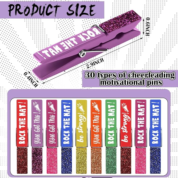 Kigeli 30 Pcs Spirit Clips Cheer Pins Cheerleader Gifts Clothes Pins for Backpacks Competition Glittered for Team Cheer Gifts Stuff Supplies Party Favors Accessories Bulk(Multicolor,Shiny)