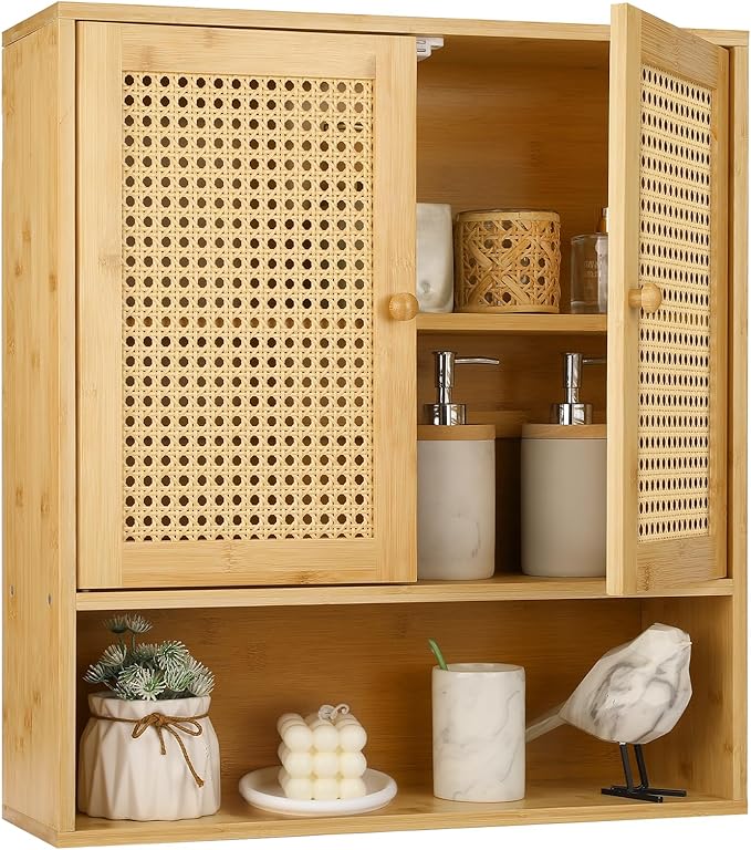Bamboo Cabinet Wall Mount, Rattan Medicine Cabinet with Shelves and Doors, Wall Cabinet Above Toilet, Storage Organizer for Laundry Room, Kitchen, Living Room