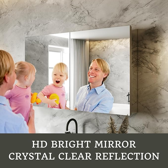 40x24 Bathroom Medicine Cabinet with Mirror,Aluminum Alloy Frame with Mirror Side Panels,Surface Medicine Cabinet with Adjustable Shelves,Assembly Required