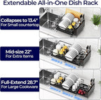 Large Dish Drying Rack, Expandable Dish Rack for Kitchen Counter, Dish Drainer with Drainboard Set, Multifunctional Dishrack with Utensil Holder & Cup Holder, 13.4"-28.7" L x 11.8" W, Black