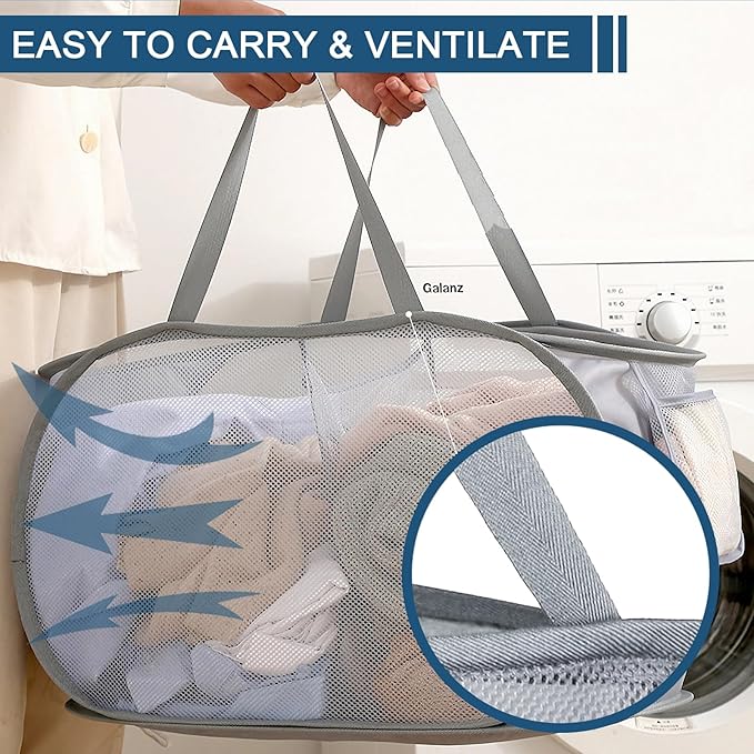 4 Pack Collapsible Laundry Baskets Dual Compartment, Mesh Pop Up Hamper with Easy Carry Handles, Foldable laundry hamper for College Dorm, Kids Room, Laundries and Travel, toy storage basket