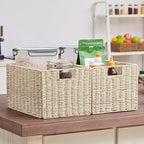 Vagusicc Wicker Storage Basket, Set of 2 Hand-Woven Paper Rope Wicker Basket, Small Storage Baskets for Organizing Toilet Paper Baskets, Foldable Large Cube Storage Organizer Bin for Shelves (Beige)