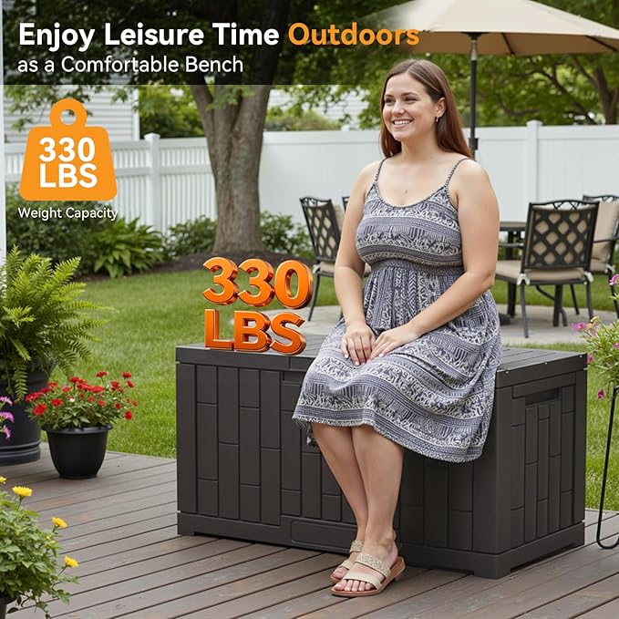 DUMOS 60 Gallon Deck Box, UV Resistant Waterproof Storage Bin for Patio Cushions Gardening Tools, Lockable Resin Outdoor Storage Box with Hundles, Brown