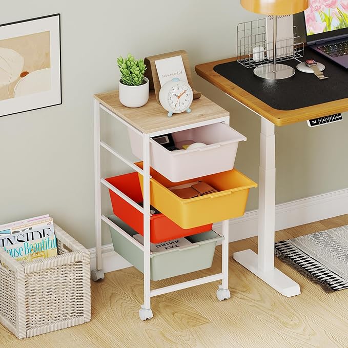 GOFLAME 4-Drawer Rolling Storage Cart, Craft Storage Cart with Wooden Tabletop and Lockable Wheels, Art Cart Supply Storage Organizer with Metal Frame for Home Office Classroom, Macaron Color
