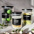 Mason & Fable 3x Ribbed Glass Bathroom Jars with Airtight Black Bamboo Lids | Cotton Pad/Buds/Q tip Holder | Bath Salt/Small Makeup/Apothecary Storage Canister- 10, 20 & 40 fl.oz