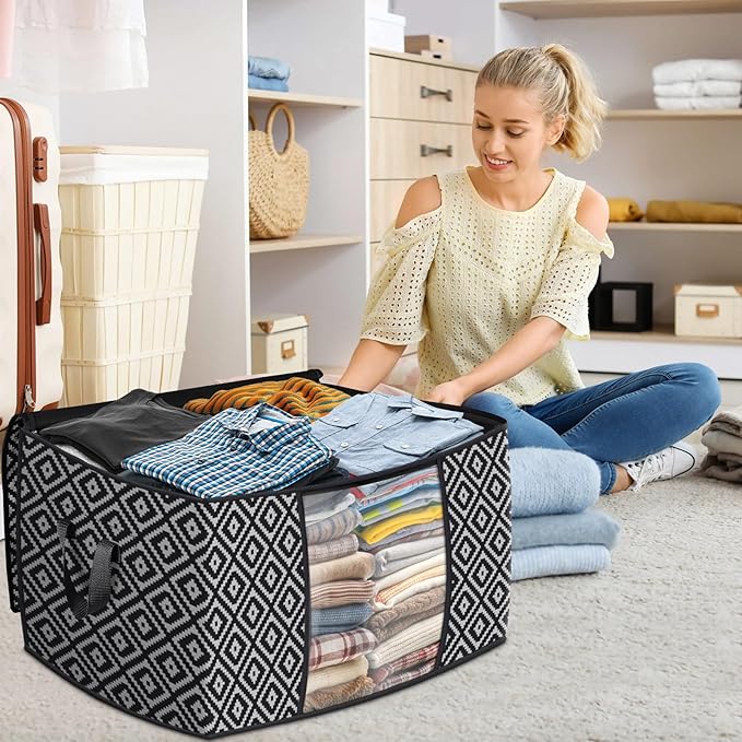 Direct 100L, 2 Pack, Storage Containers, Large Clothes Storage Bins Foldable Organization and Storage Bags with Reinforced Handle, Clear Window for Bedding, Blankets, Clothing, Black