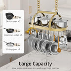 KES Gold 34 Inch Hanging Pot Rack, 100 LBS Capacity Heavy Duty Oval Pot and Pan Hanging Rack Ceiling Mount, Pot Pan Hangers Organizer for Kitchen Island with 20 Hooks (For 16" and 24" Joist)