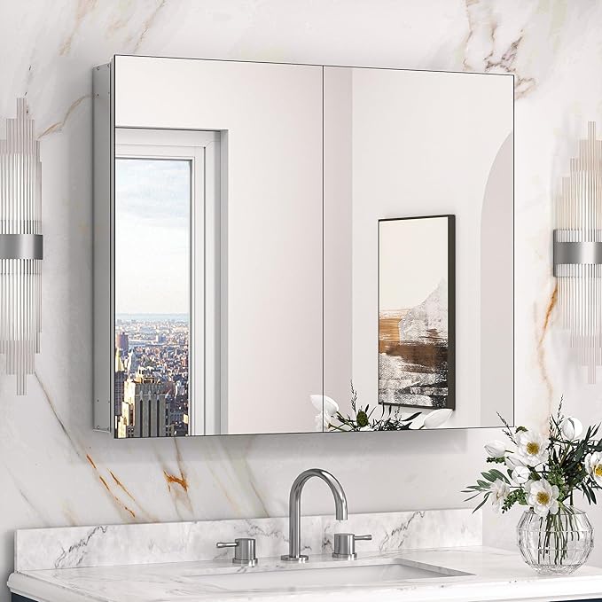 Keonjinn 30 x 26 Inch Bathroom Medicine Cabinet with Mirror, Assembly Required, Combined Double Doors Wall Cabinets, Flexiable Ample Storage, Recessed or Surface Mount, Soft Closing