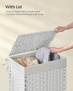 SONGMICS Laundry Hamper with Lid, 23.8 Gallon (90 L) Synthetic Rattan Clothes Laundry Basket with Lid and Handles, Foldable, Removable Liner, Cloud White ULCB51WT