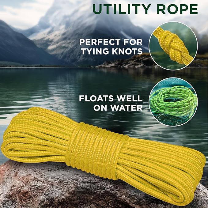 TECEUM Rope – 150 Feet x 1/4 Inch (7mm) – Yellow – Strong All-Purpose Utility Rope – Camping, Crafting, Flag Pole, Indoor & Outdoor – Polypropylene Nylon Poly Lightweight Diamond Braided Cord