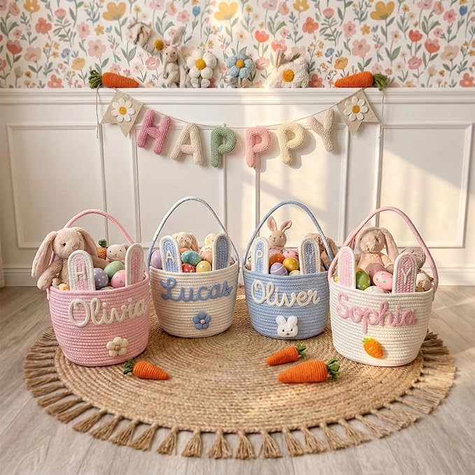 Personalized Embroidered Baby Easter Basket with Name, Custom Bunny Baskets Egg Hunt for Kids, Baby Easter Gift, Egg Hunt Basket for Kids, Boys, Girls A2