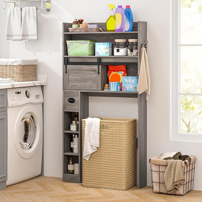 Giantex Over The Toilet Storage Cabinet, Farmhouse Space Saver with Sliding Door, Toilet Paper Holder, Side Hooks & Adjustable Shelves, Over Toilet Bathroom Organizer for Laundry, Restroom (Grey)