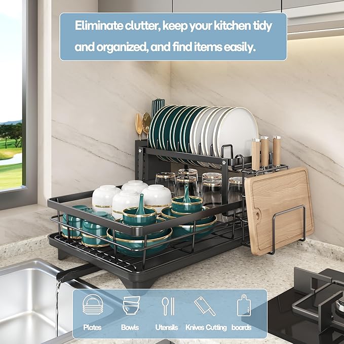 Carbon Steel Dish Rack & Utensil Holder - Space Saving 2-Tier Kitchen Counter Organizer, Rust-Resistant Drainage for Small Kitchens