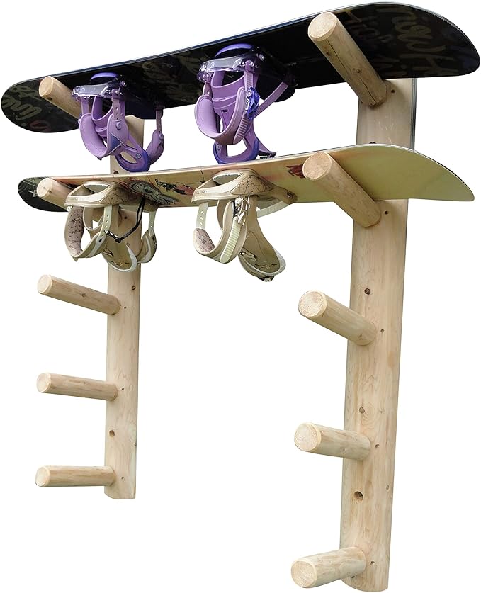 5-Place Wall-Mounted Skis/Snowboard Log Rack - Poles & Ski Wall Mount, Snowboards Wall Rack, Indoor & Outdoor Ski Holders for Walls, Hangers for Skis Indoor Storage - Unfinished