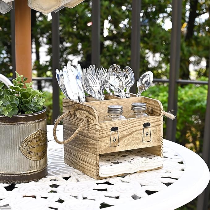 Ikee Design Wooden Utensil Caddy Flatware Holder with Handles - Utensil Holder for Dining Room, Restaurant and Kitchen, Oak Color, 7.13”W x 6.63”D x 7.5”H