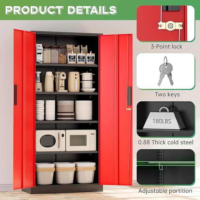 INTERGREAT Metal Storage Cabinet,72" Steel Lockable File Cabinet with Locking Doors and Adjustable Shelves,Locking Tool Cabinets for Office,Home,Garage,Gym,School (Black Red)