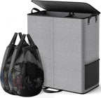 Large Double Laundry Hamper with Lid, Removable Bags & Reinforced Handles, 2 Section Tall Laundry Basket, Dirty Clothes Hampers for Laundry Room, Bedroom, Bathroom, Dorm, 155L, Gray