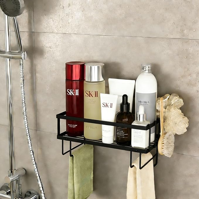 Bathroom Organizer Shelf - Over The Toilet Storage Rack, 2-Tier Floating Shelves with Hooks, No-Drill, Toilet Paper Holder for Restroom Bathroom Vanity Kitchen (Black, 1 Tier)