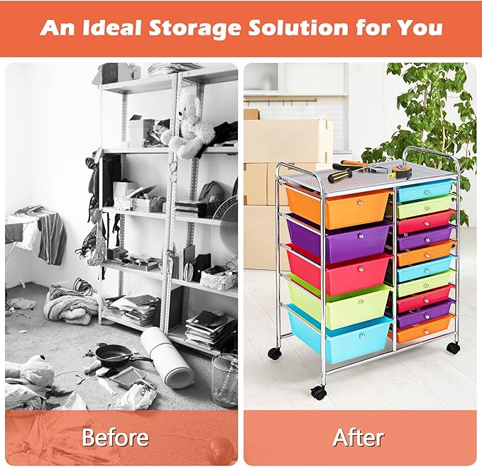 LUARANE Rolling Cart with 15 Drawers, Craft Storage Cart with Portable Handles & Lockable Wheels, Mobile Toys Organizer, Large Capacity Utility Drawer Cart Home Office School Teacher (Multi-colored)
