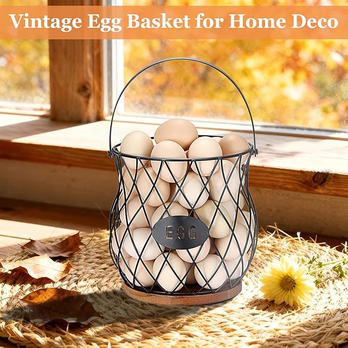 Chicken Egg Basket With Handle, Egg Baskets for Gathering Fresh Eggs, Wire Basket with Wooden Base for Farmhouse Coops, Round Chicken Baskets, Rustic Vintage Kitchen Decor Holder(Style 3)