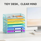 6 Tier Paper Organizer, Letter Tray with Handle, Mesh Desk Organizer, Metal File Organizer, Office Desk Accessories for Home, Office, Classroom, School -Blue