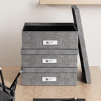 Bigso Oskar Canvas Fiberboard Document Letter Box for Important Paperwork A4 or Letter Size - Durable Keepsake Box with Lid and Metal Label Holder - 3.3in x 10.2in x 13.8in - Melange Grey